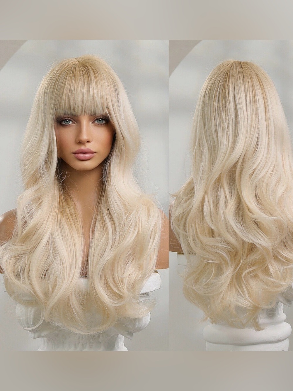 Platinum Blonde Hair Wigs with Bangs for Women Long Wavy Synthetic Wig Daily Use